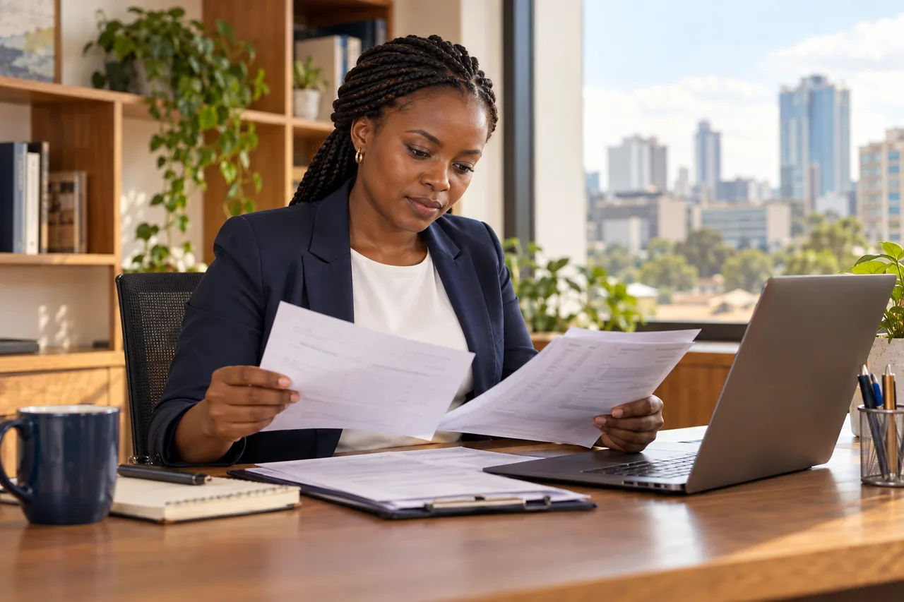 A Kenyan business owner reviewing documents at her desk